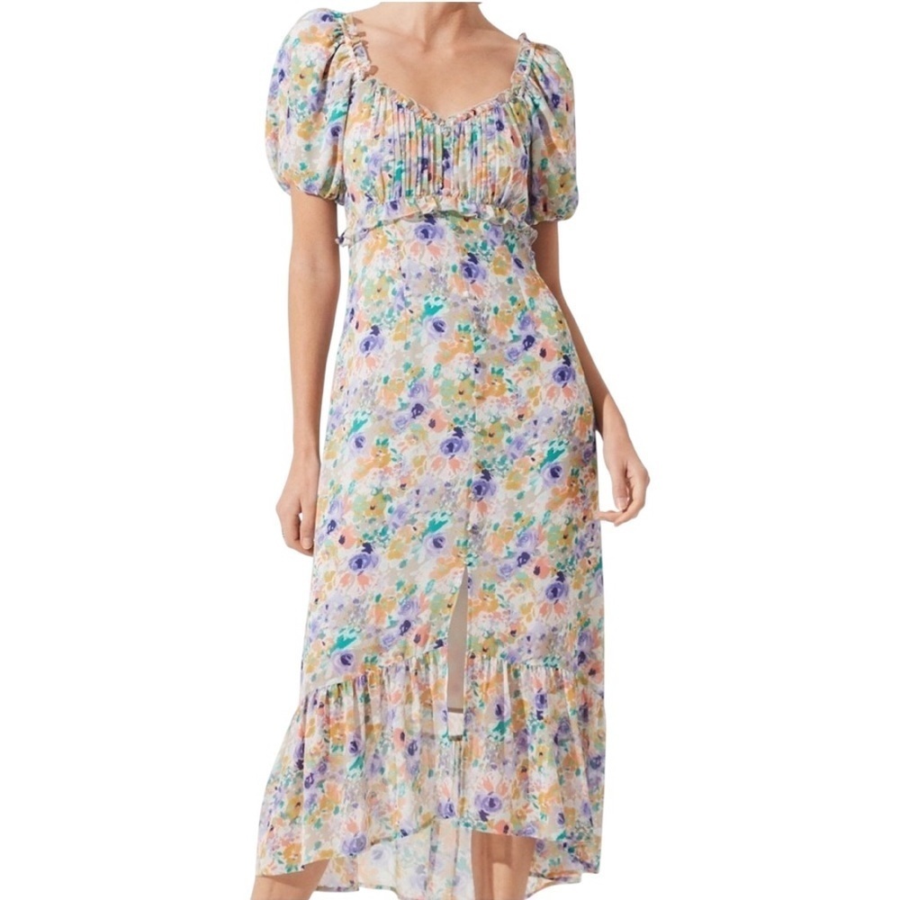 ASTR The Label -Gaia Dress Purple Gen Multi Floral Smocked Puff Sleeve Midi Sz M